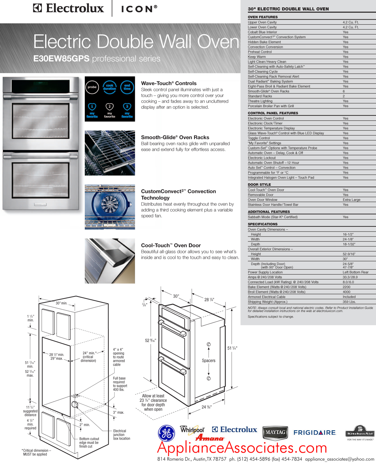 30" Double Electric Wall Oven with 4.2 cu. ft. Upper/Lower CustomConvect3 Convection Ovens, 6 Smooth-Glide Racks, Temperature Probe, Halogen Lighting and Wave-Touch Control Panel 